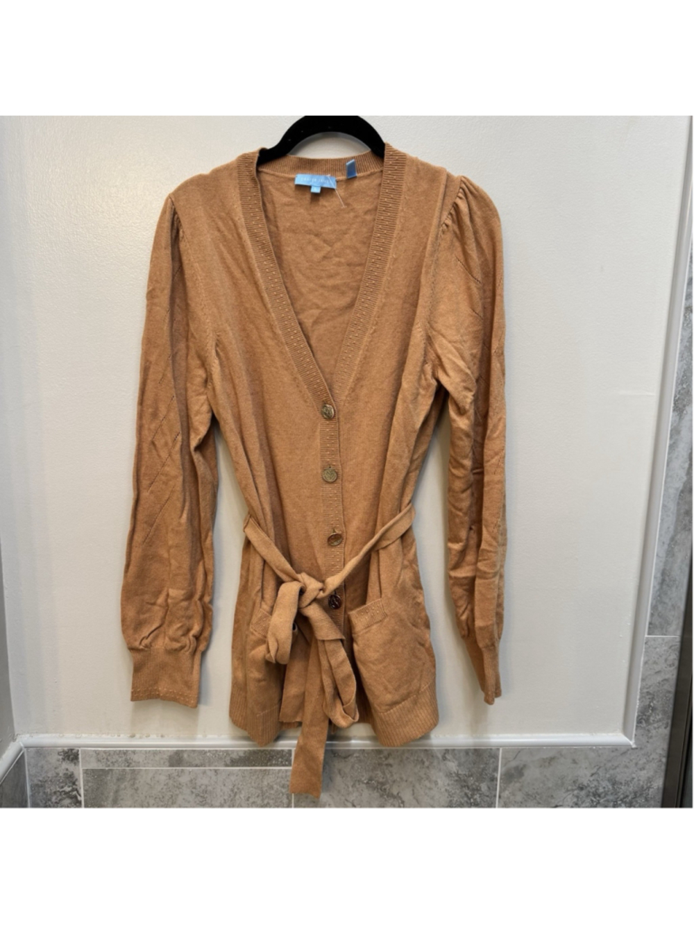 Draper James Tie Waist Cardigan V Neck Button Up Preppy Large Brown Officewear